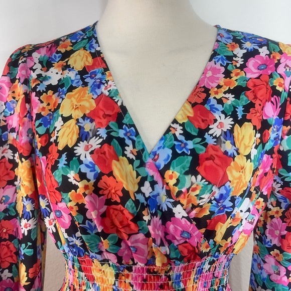Floral V Neck Long Puff Sleeve Boho Peasant Ruffle Mini Dress Size Small Hippie - Picture 7 of 9